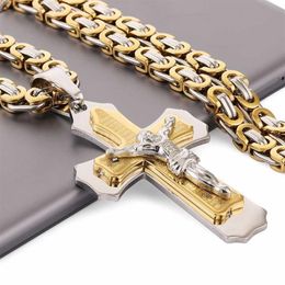 Multilayer Cross Christ Jesus Pendant Necklace StainlSteel Link Byzantine Chain Heavy Men Jewelry Gift 21 65 6mm MN78 X0707288L