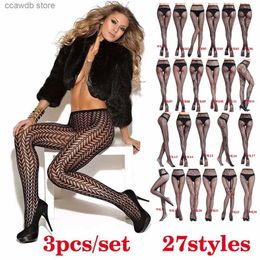 Socks Hosiery 3 Pcs Women's Fishnet Stockings Thigh Sheer Tights Black Sexy Stripe Elastic Stockings Lace Lingerie Embroidery Pantyhose T231104