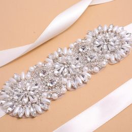 Wedding Sashes NZUK Crystal Pearls Ribbons Sash Silver Rhinestones Bridal Belt For Evening Party Dress Accessories