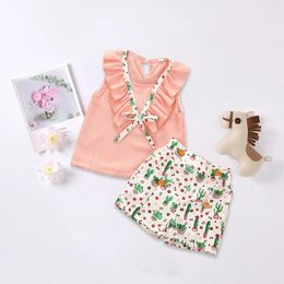 Clothing Sets 2Pcs Baby Girls Clothes Summer Sleeveless Ruffle Top Cactus Print Shorts Kids Children Suits 1 2 3 4 5 Years
