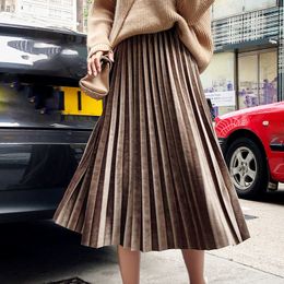 Skirts Lucyever Vintage Velvet Pleated Skirt for Women Spring Long High Waist Skirts Korean Fashion A-line Midi Skirt Female 230404