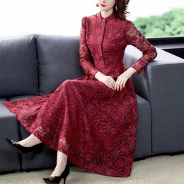 Casual Dresses Lace Dress 2023 Women Elegant Stand Collar Slim Midi Spring Embroidered Vestidos For Party H007