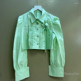 Women's Blouses 2023 Spring And Summer Korean Fashion Designer Fresh Green Shirt Girl Style Solid Colour Short Flower Long Sleeve Top