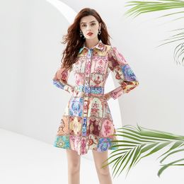 Elegant Print Party Mini Vacation Dress Woman Designer Lantern Sleeve Lapel Button Front Vintage Shirts A-Line Dresses with Belt 2023 Spring Autumn Runway Frocks