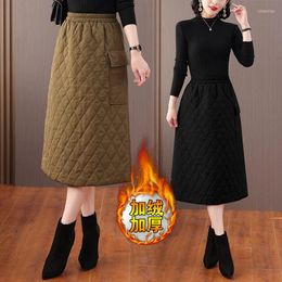 Skirts 2023 Winter Argyle Thickened Cotton Quilted Skirt High Waist A-Line Casual Warm Large Size Women Padded Mujer Flada T1316