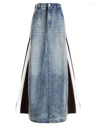 Skirts High Elastic Waist Blue Denim Color-block Long A-line Half-body Skirt Women Fashion Tide Spring Autumn 2023 M404