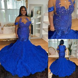 Blue Beaded Lace Prom Dresses Mermaid Rhinestones Evening Gowns Sheer Jewel Neck Tulle Ruffled Sweep Train Special Occasion Formal Wear