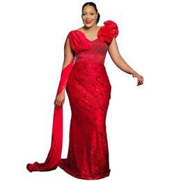 2023 Arabic Aso Ebi Red Mermaid Prom Dress Sequined Lace Evening Gowns Beaded V-Neck Birthday Engagement Second Gown Dress Women Formal Wear WD036