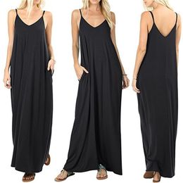 Casual Dresses Sexy Women Maxi with Pockets Loose Sling Female Summer Sleeveless Vneck Vest Long Vestidos 230404