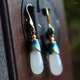Dangle Earrings Hetian Jade Ancient Chinese Style Enamel Magnolia Retro Royal Court For Cheongsam Classical Eard