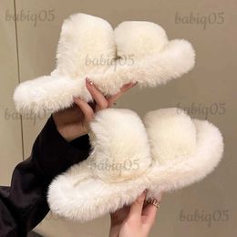 Warm Fluffy Home 2023 New Winter Fur Slippers For Women Flat Platform Cosy Fuzzy House Indoor Shoes Korean Slides T231106