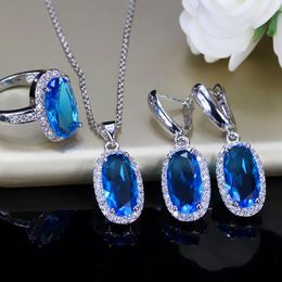 Necklace Earrings Set ThreeGraces Trendy Oval Light Blue Cubic Zirconia White Gold Colour Ring For Women Chic Daily Jewellery JS598