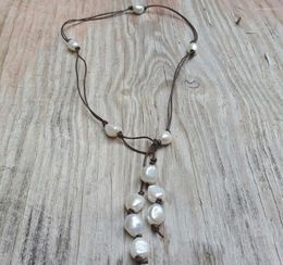 Chains Knotted Necklace White Pearl Leather Lariat Choker Y Necklaces Freshwater Hand 3 Colour