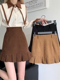 Skirts Korean Ruffled Mini Leather Women's Autumn Corduroy Ruffled Gentle Warm Thick Classic Vintage Solid High Waist Fashion A-line 230404