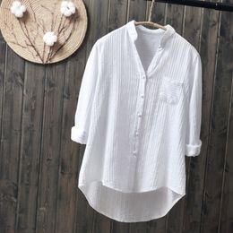 Women's Blouses Shirts 100% Cotton White Shirt Spring/Summer Simple Shirt Women's Long Sleeve V-Neck Casual Top Solid Pocket Y269 230404