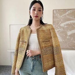 Women's Jackets 2023 Autumn Small Fragrant Gold Thread Woven Tweed Round Neck Cardigan Buckle Female Coat