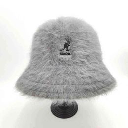 KANGOL WomenBucket 모자 토끼 모피 분지 모자 숙녀 따뜻한 개성 트렌드 캥거루 자수 따뜻한 어부 모자