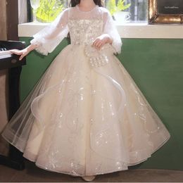 Girl Dresses Fashion Sweet Full Sleeve High Waist Ball Gown Fairy Temperament Floral Appliques Vestidos Cascading Ruffle Sequin Princess