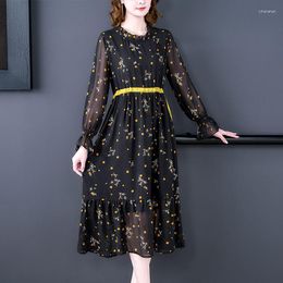 Casual Dresses Temperament Chiffon Round Neck Floral Dress Spring Summer Women's French Long Sleeve Slim Trendy Elbise H194