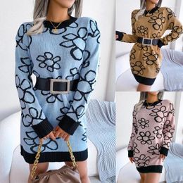 Women's Sweaters Winter European And American Contrast Colored Flower Long Sleeve Bottom Knitted Woolen Dress Independent Station Wear