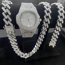 Wristwatches 3PCS Iced Out Watches For Men Gold Cuban Link Chains Bracelet Necklaces Diamond Hip Hop Jewellery Set Men's Wristwatch Luxury