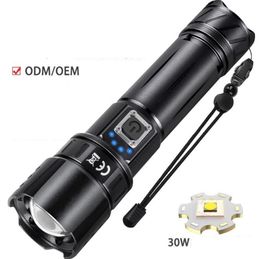 30W ultra bright luminous flashlight telescopic zoom Aluminum alloy Torch lamp 1500 meter flashlight with rechargeable 26650 battery