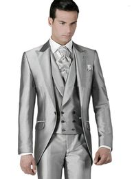 Men's Suits 3Pcs Man Slim Fit Tailor-made Silver Blazer Trousers Prom Groom Tuxedos Jacket Pants Vest Custom Made Wedding Suit Set