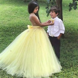 Girl Dresses Elegant Yellow Flower Sleeveless Applique Ball Gown Kids Evening Prom Girls Fluffy Tulle Pageant