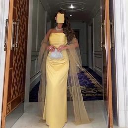 Fashionvane Strapless Saudi Arabia Prom Dresses Women Wear Yellow with Tulle Long Wraps Special Party Evening Gowns
