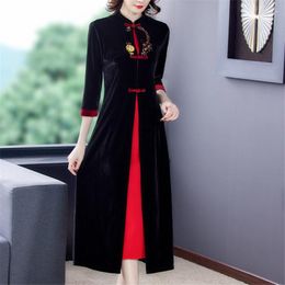 Casual Dresses Retro Gold Velvet Stand Collar Cheongsam Dress Women's Clothing Spring 2023 Three-Quarter Sleeve Trend M2260