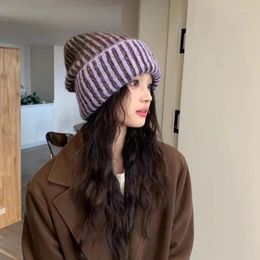 Berets Ins Contrasting Colour Striped Beanies Hats For Women Autumn And Winter Travel Keep Warm Retro Korean Street Snap Men's Caps