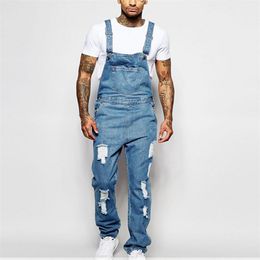 Men's Jeans Fashion Cool Jumpsuit Light Blue Suspender Pants Ripped Denim Trousers Street Casual Youth Pocket Splicing Button 23 230403