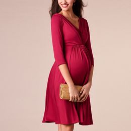 Maternity Dresses Pregnant Women's Dress Elegant Pregnant Women's V-neck Solid Women's Medium Sleeve Nursing Suit 230404