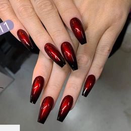 False Nails 24pcsSet Long Coffin Fashion Finished Red Black Gradient Fake Beauty Nail Decal Ballerina Full Art Tips5635586