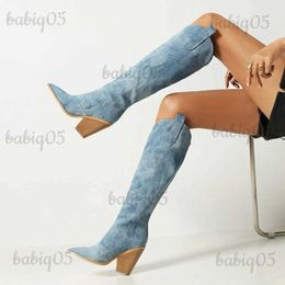 2022 Fashion Denim Western Women Knee Wedges High Heel Cowboy Slip on Autumn Winter Woman Shoes Knight Boots T231104