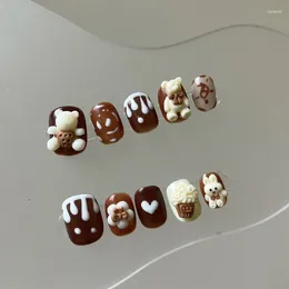 False Nails Reusable Handmade 10pcs Press On Brown Bear Kawaii Short Fake Manicure Decoration Wearable Full With Glue For Girls