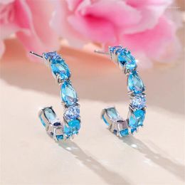 Stud Earrings Unique Oval Aqua Blue Stone Half Round For Women Silver Colour Bohemian Zircon Female Wedding Party Mother Jewellery