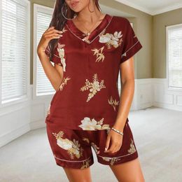 Women's Sleepwear Women Pajamas Set Satin Sexy Lingerie Short Sleeve V Neck Floral Printed Shirt Shorts Loose Soft Suits Nightwear