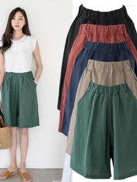 Women's Pants Summer Shorts For Women Cotton Linen Elastic Waist Knee-length Solid Color Wide Leg Short Loose