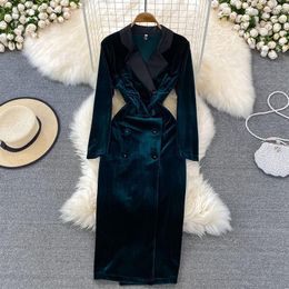 Casual Dresses OL High-End Ladies Temperament Slim Suit Collar Color Matching Velvet Elegant Vintage Double Breasted Robe Jacket H016