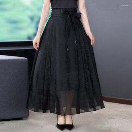 Skirts Spring Fashion All-Match Chinese Style Little Black Skirt High Waist National Trendy Women Pleated Mesh Long Faldas H282