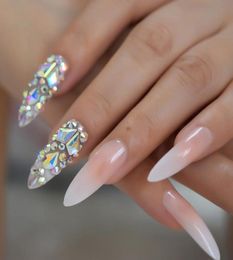 3D AB Gems Gradient Pink Nude Press on Nails Baby Ombre Extra Long Stiletto False Fake Nail Tips Pointed Fingers Nails8565927