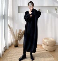 Casual Dresses French V-Neck Sweater Dress Loose Knitwear Wild Oversize Women's Autumn And Winter Bottoming Long Jumper Shirt Y906