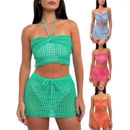 Work Dresses Women's Summer 2Pcs Bikini Cover-ups Hollow Out Beachwear Crochet Knitted Skirts Set Beach Halter Top Bodycon Mini Skirt