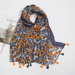 Sarongs Womens Fashion Scarf Luxury Shawls Foulard Beh Scarf Tassel Cover-ups Wraps Flower Printing Hijab Scarf P230403