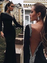 Luxury Satin Black Mermaid Evening Dress 2024 Long Sleeves Beadings Cut Out Saudi Arabia Satin Prom Formal Party Gowns robe de soriee