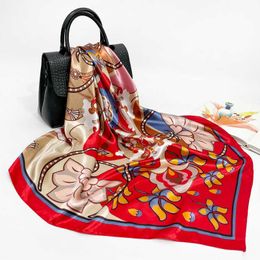 Sarongs Imitation silk large square scarf 90 women wild shawl printed silk scarf satin floral square scarf Muslim Baotou scarf P230403