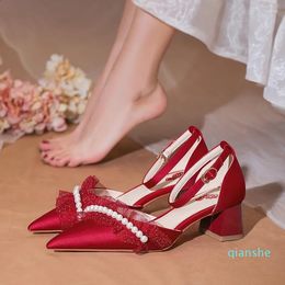 Sandals Chinese Retro Wedding Shoes Pregnant Women Safe Chunky Square Heel Dress Pumps Wine Red Satin Pearl Lace String Toast