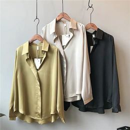 Womens Blouses Shirts Summer Autumn Casual Women Fashion Long Sleeves Tops Vintage Femme V Neck Elegant Sexy Silk 230404