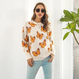 Women's Sweaters Fashion Graphic Knitted Sweater Woman Long Sleeve Sweet Tops Casual Loose Jumper Butterfly Print Autumn Knit Pullovers